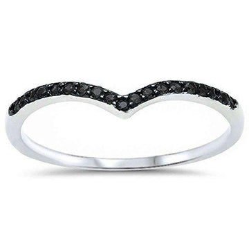 Chevron Midi V-Shape Simulated Black CZ Wedding Ring 925 Sterling Silver